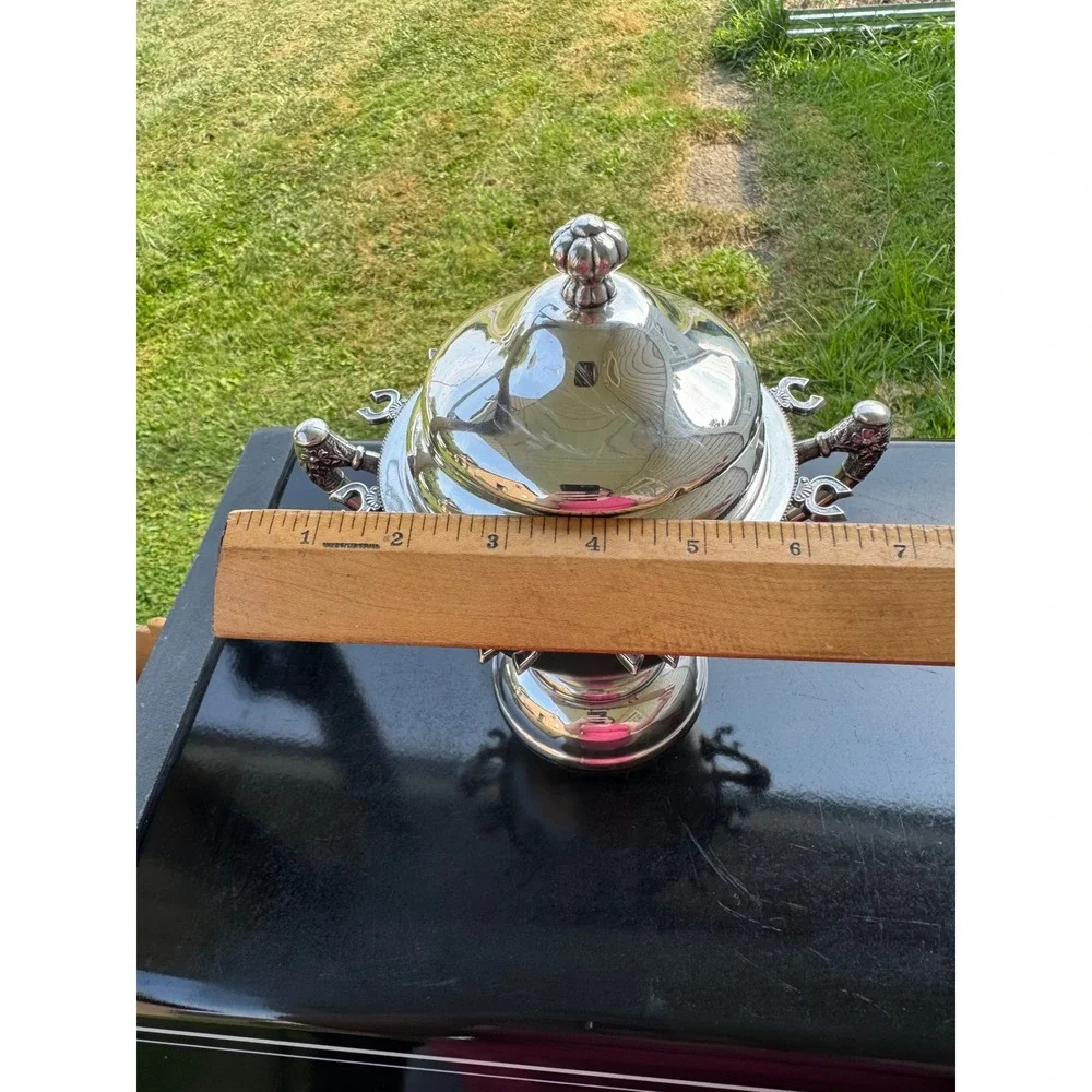 Vtg Britannia Metal Quadruple Plate Spoon Holder Caddy w/ Lid Horseshoe Motif